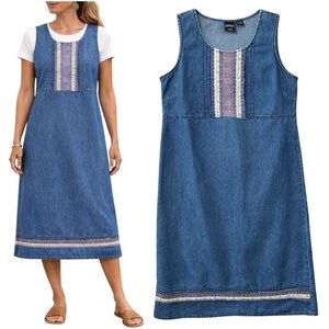 90s Erika & Co Denim Ribbon Lace Midi Shift Dress Modest Country Boho Size L